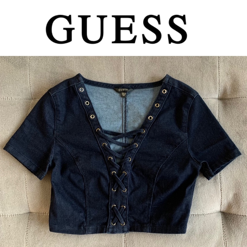 GUESS Denim Criss Cross Short Sleeve Crop Top